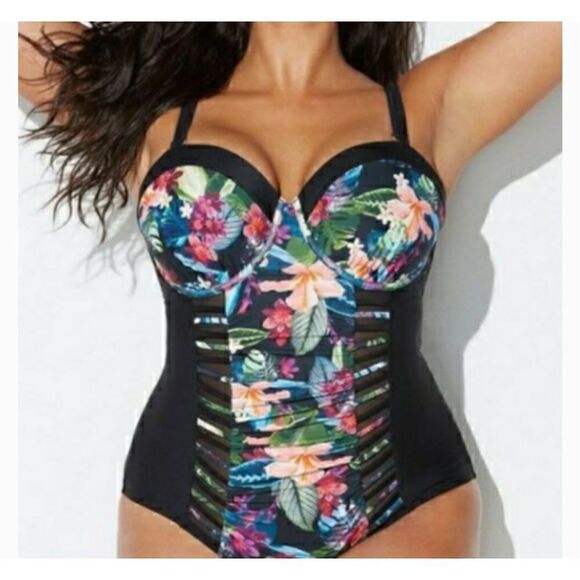 Meet.curve black and floral one piece swimsuit size L - Picture 1 of 16
